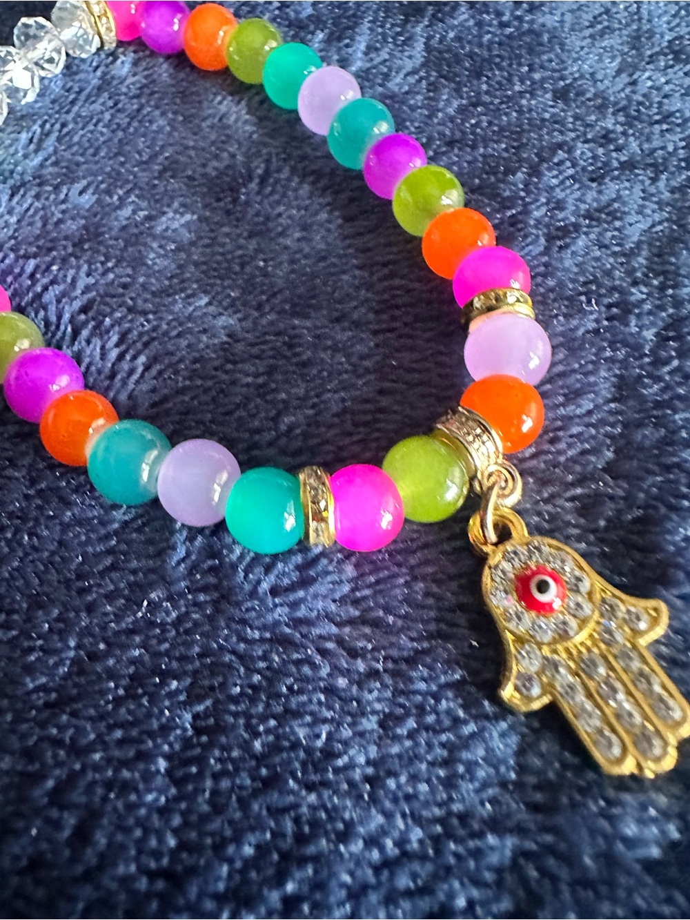 Multicolor Beaded Hamsa Charm Bracelet - Vibrant Women's Jewelry. Stretchy